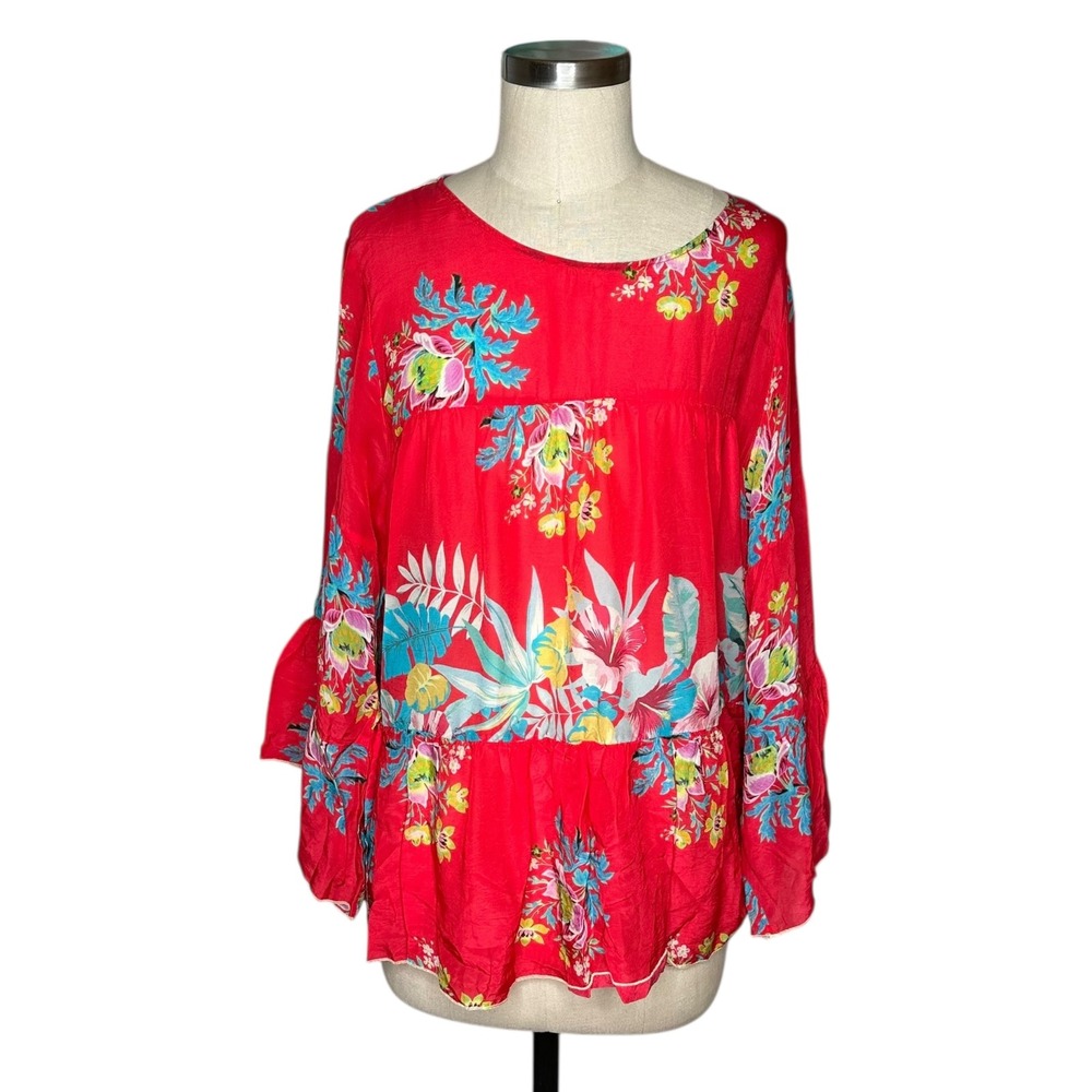 JOHNNY WAS Shana Vibrant Red Tropical Floral Print Peplum Blouse Top‎ Women's L